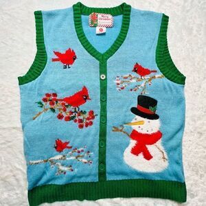 Merry Christmas Womens Green and Blue V-Neck Snowman Cardinal Sweater Vest Large